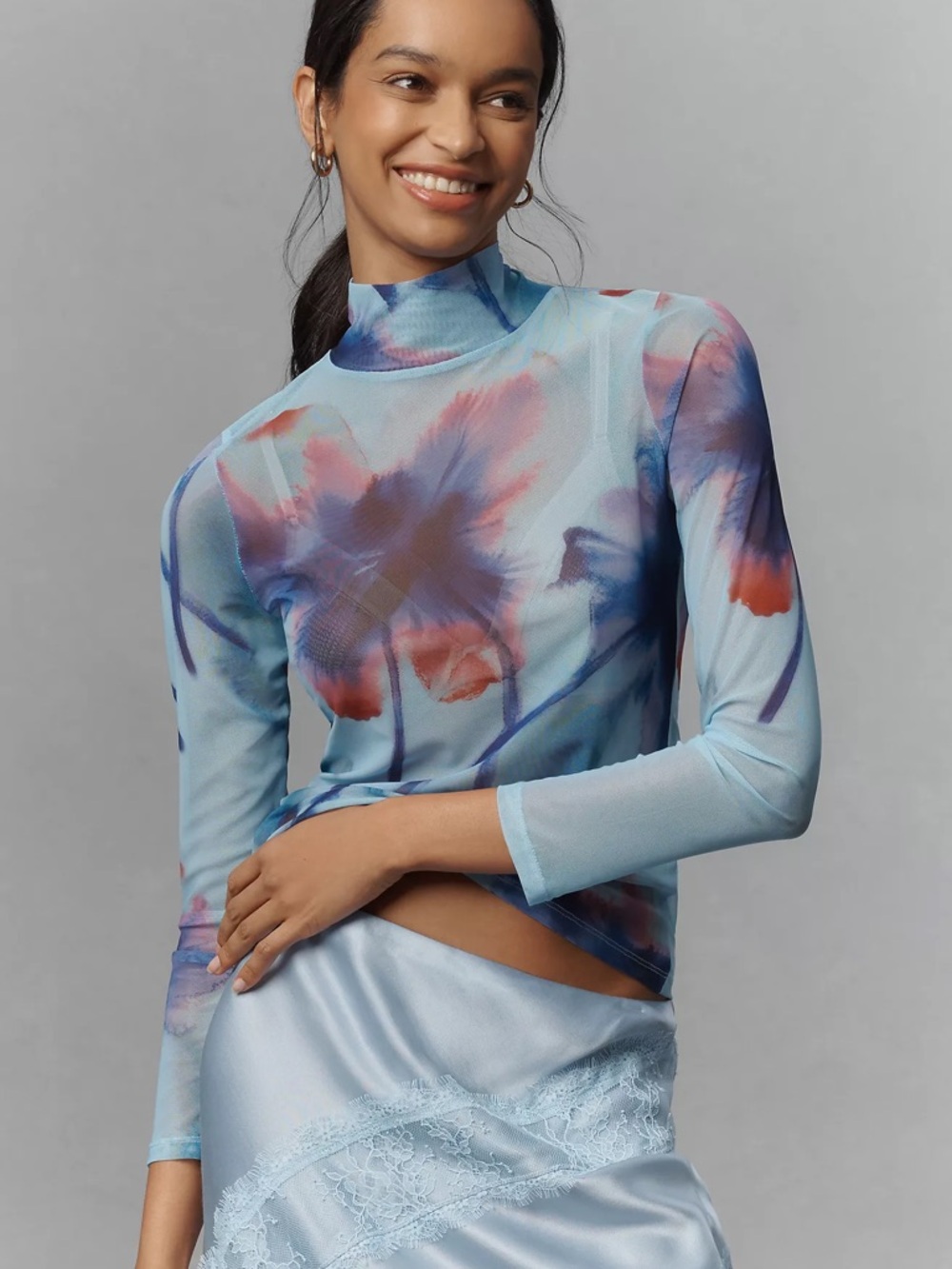NWT Anthropologie Light Blue Mesh Mock-Neck Floral Long Sleeve Top
